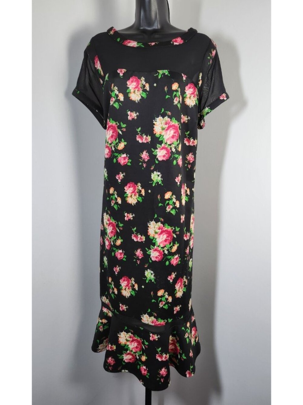 PaperDoll Black Floral Sheer Accents Ruffle Hem Midi Sheath Dress-SZ 2X